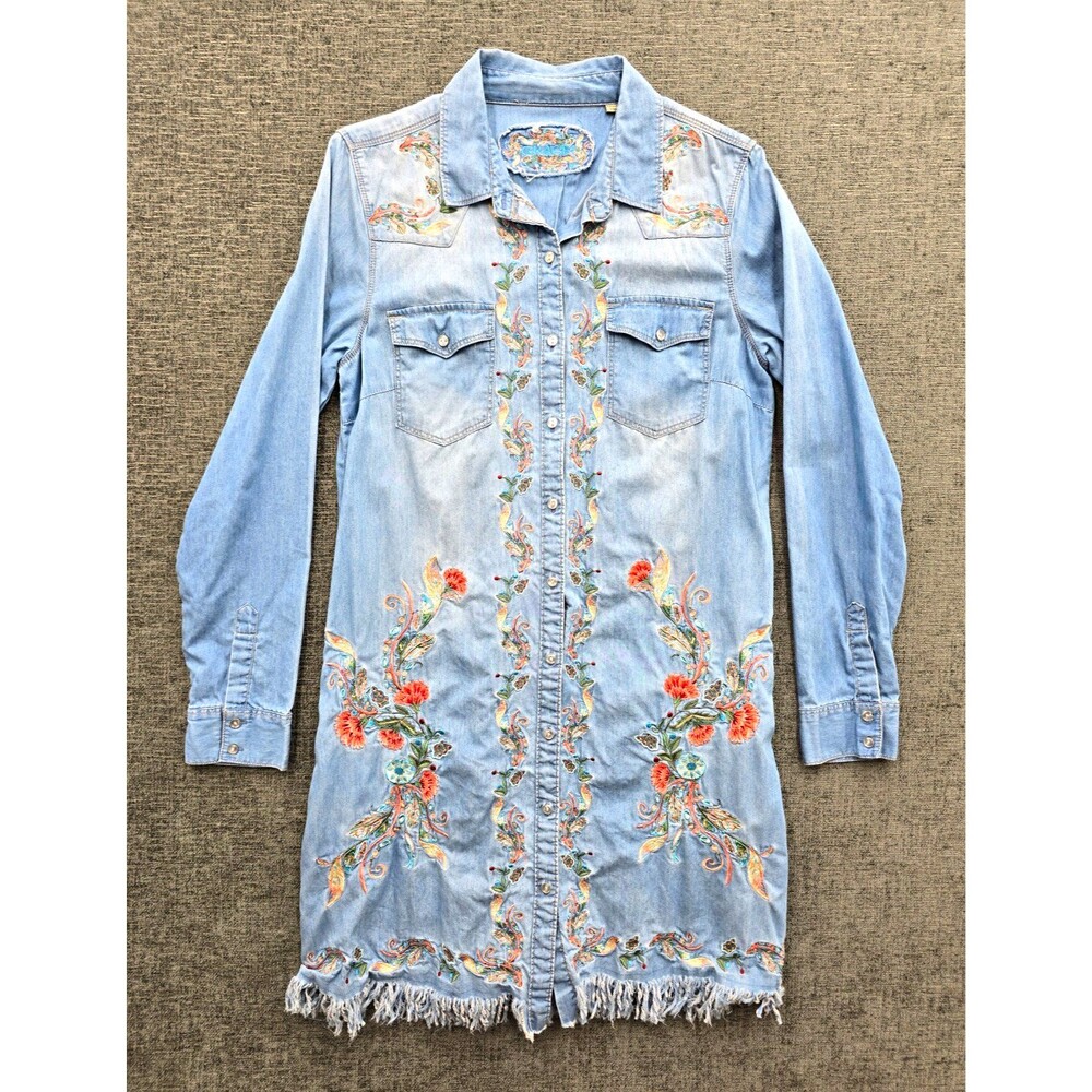 Grace Womens Blue Denim Floral Embroidered Shirt Dress Fringe Pockets S Knee